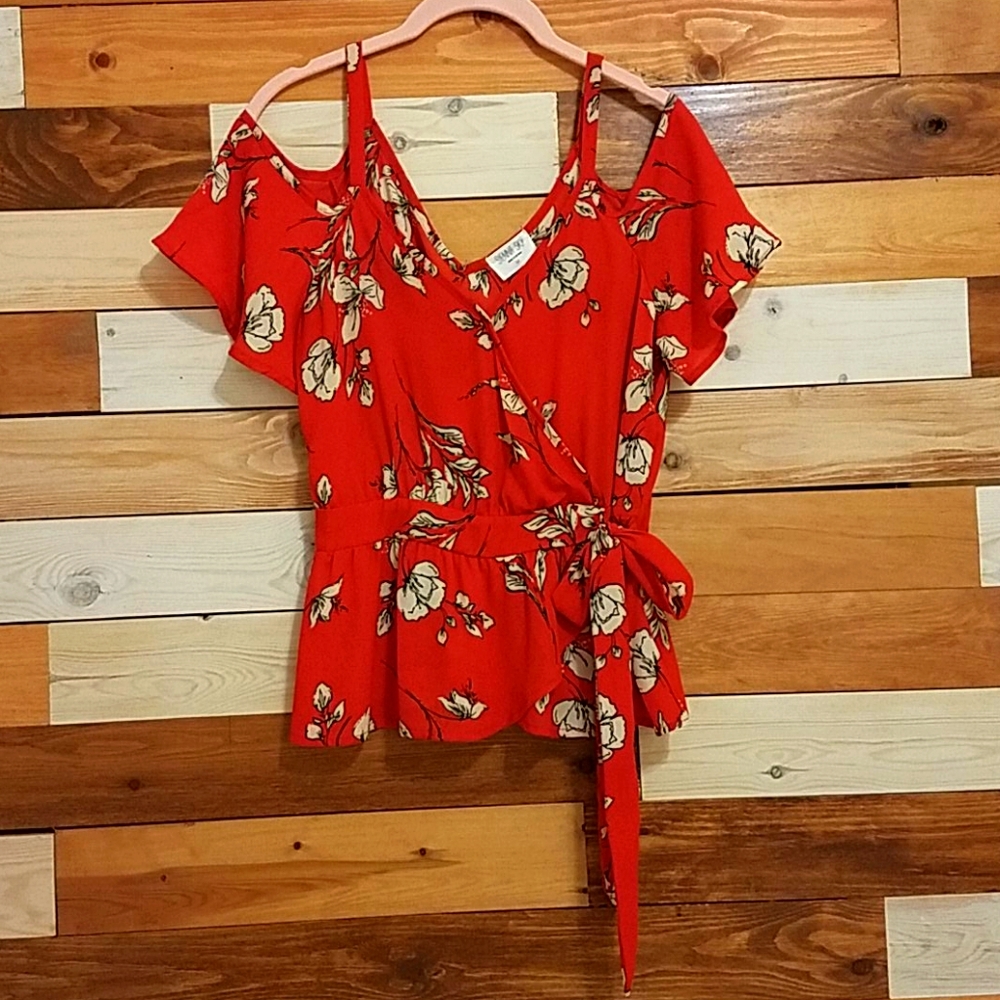 Cold shoulder, tie front blouse